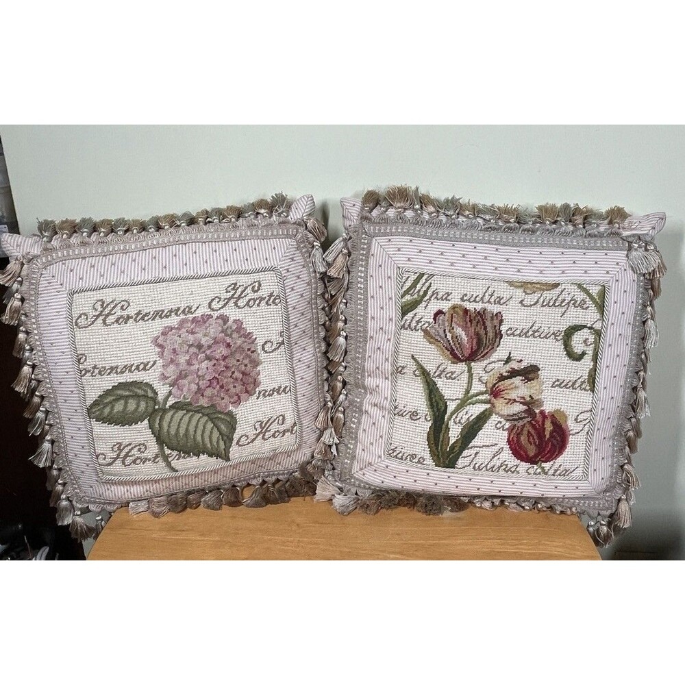 C&F Home Wool Hydrangea Tulip Needlepoint Petit Point Pillows with Tassel Fringe